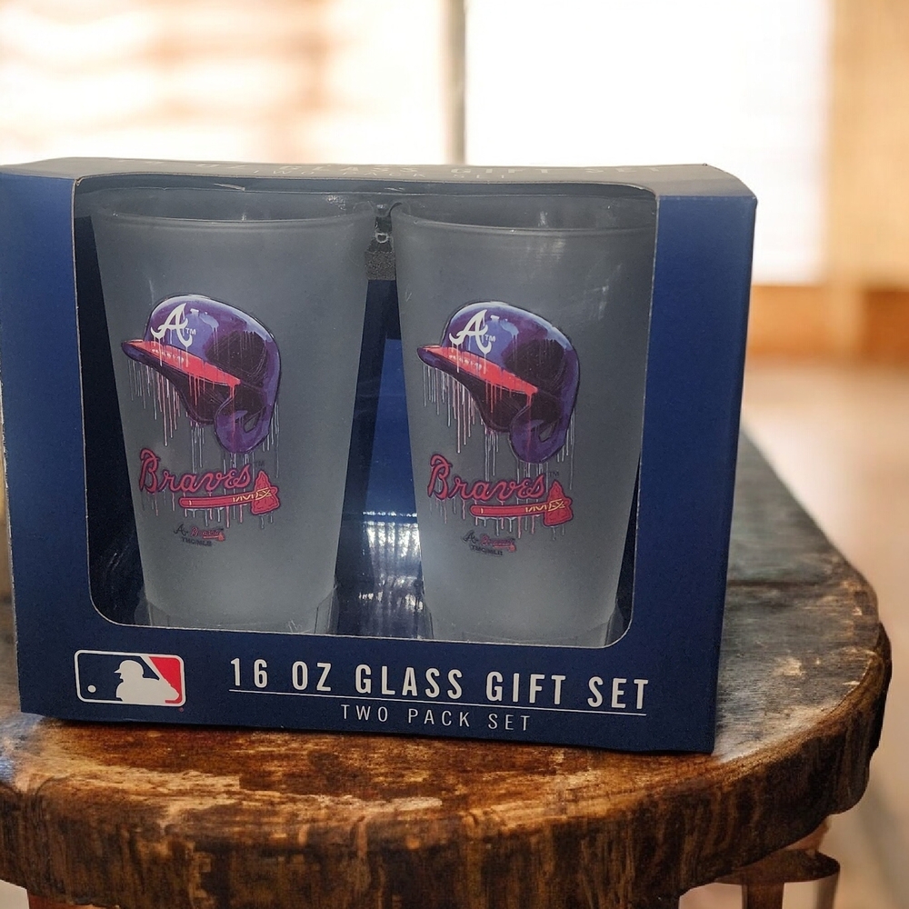Atlanta Braves 16oz Glass Cup Set (2 Pack) MLB Official Gift Set New In Box